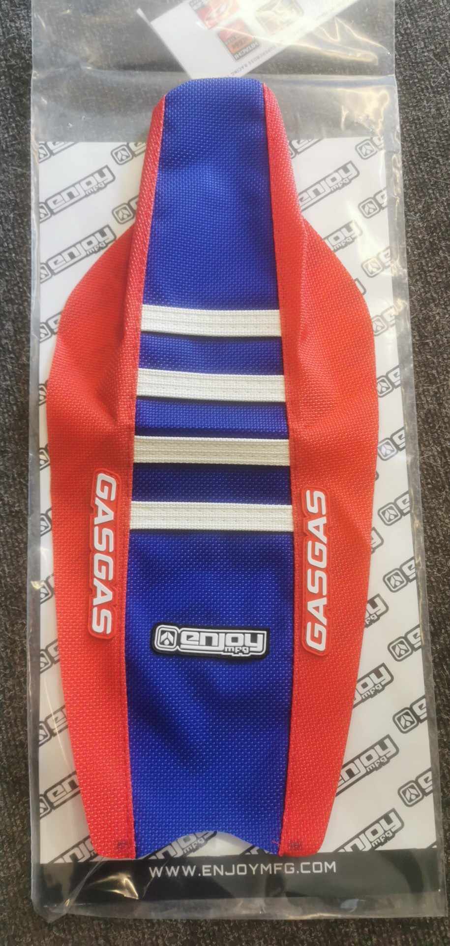 Enjoy Manufacturing Gas Gas seat cover MC 50 2021 - 2022 Ribbed Logo, Red / Blue / White