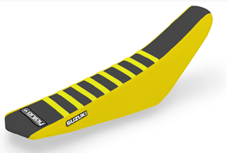 Enjoy Manufacturing Suzuki Seat Cover RMZ 250 2019 – 2023 RMZ 450 2018 - 23 Ribbed Logo, Yellow / Black / Yellow