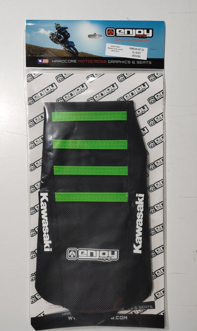 Enjoy Manufacturing Kawasaki Seat Cover KXF 250 2013 - 2016 KXF 450 2012 - 2015 Ribbed Logo, Black / Green