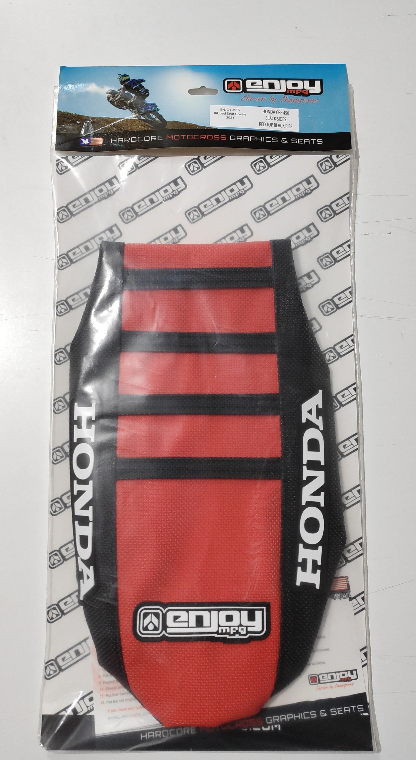 Enjoy Manufacturing Honda Seat Cover CR 125 CR 250 2002 - 2007 Ribbed Logo, Black / Red / Black