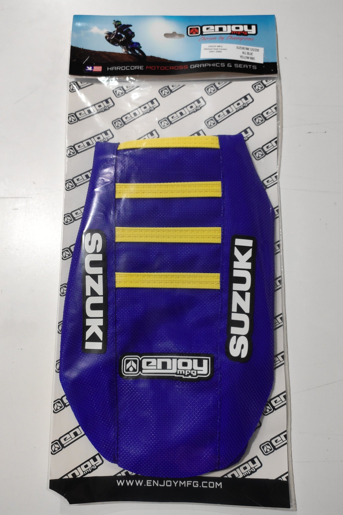 Enjoy Manufacturing Suzuki Seat Cover RMZ 250 2010 - 2018 Ribbed Logo, Blue / Yellow